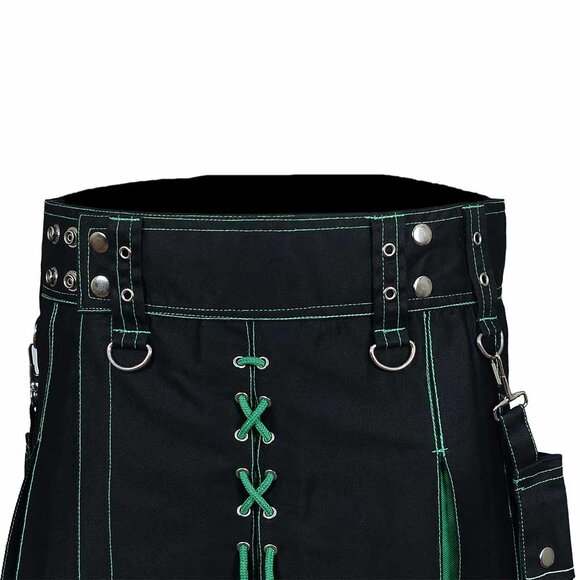 Fashion Utility Black Hybrid Kilt  Green Pleats and Lacing Highlander Kilt NEW - Picture 6 of 9